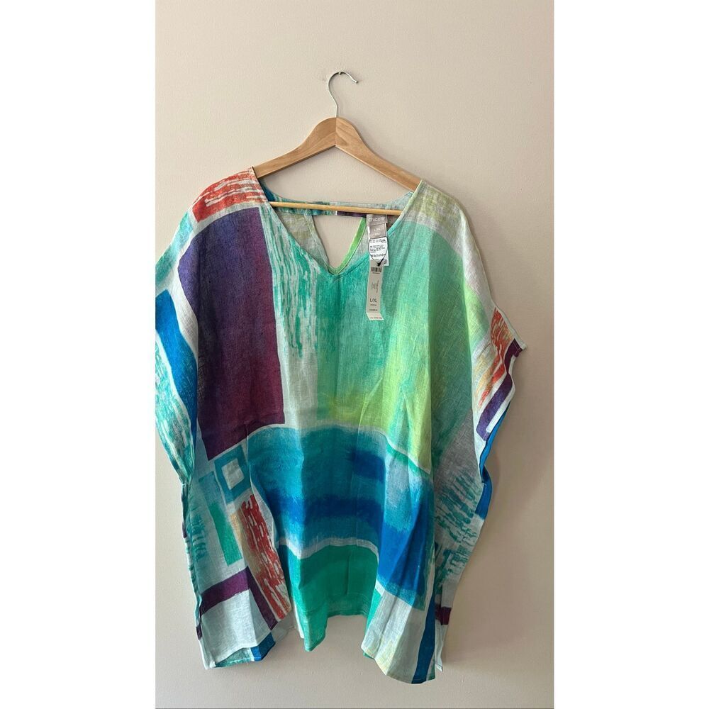Chico's Textural Blocks Linen Poncho Top L/XL NWT Abstract Colorblock V-Neck - Picture 2 of 6